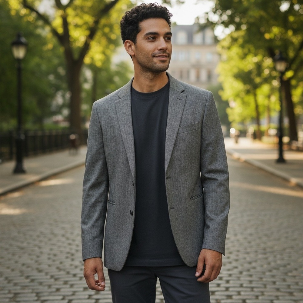 Tommy Hilfiger Mens Grey Herringbone Two Button Blazer Jacket 42L Tailored Fit